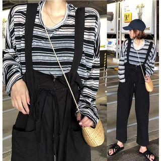 Striped Long-sleeve T-shirt / Drawstring Cropped Jumper Pants