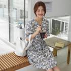 V-neck Elbow-sleeve Pattern A-line Dress