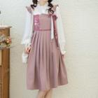 Ruffle Trim Blouse / Midi A-line Overall Dress / Bow / Set
