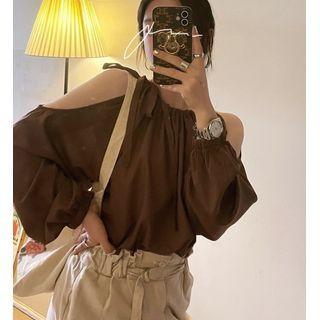 Long-sleeve Cold-shoulder Plain Blouse Coffee - One Size