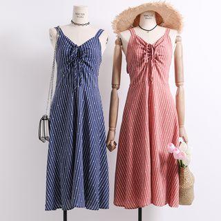 Sleeveless Drawstring-front Striped Dress