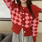 Ruffle Trim Collar Argyle Cardigan