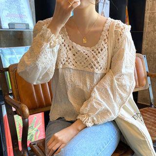 Puff-sleeve Perforated Top Almond - One Size
