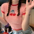 Short-sleeve Contrast Trim Cherry Print Furry Knit Top Pink - One Size