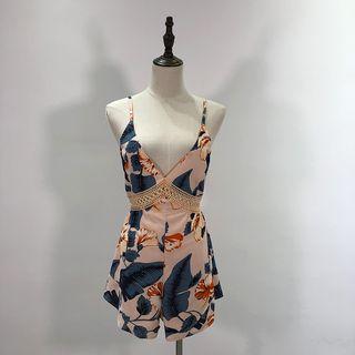 Spaghetti Strap Floral Print Open Back Playsuit