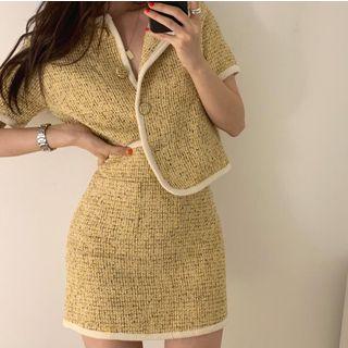 Short-sleeve Tweed Jacket / Tweed Mini A-line Skirt