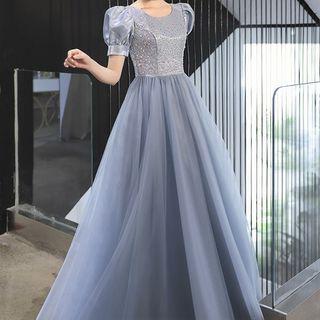 Puff-sleeve Mesh Cocktail Dress