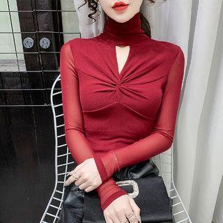 Cutout Mesh-panel Fleece-lined Blouse