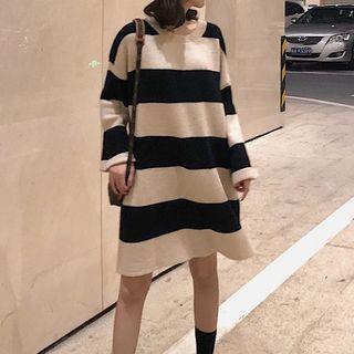 Color-block Striped Long-sleeve Knit Dress As Shown In Figure - One Size