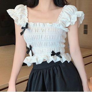 Square-neck Ruffle Trim Ruched Chiffon Top
