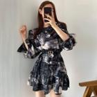 Puff-sleeve Tie-dyed Ruffled A-line Dress Black & White - One Size