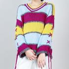 V-neck Color Block Sweater Stripes - Rose Pink & Yellow - One Size