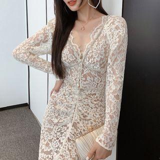 Long-sleeve V-neck Lace Maxi Sheath Dress