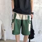 High-waist Color Block Chinese Character Printed Cargo Shorts
