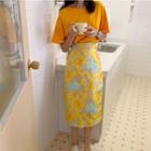 Open Back Elbow-sleeve T-shirt / Flower Pattern High Waist Midi Skirt