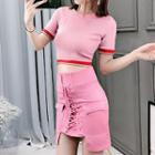 Cropped Short-sleeve T-shirt / Lace-up Pencil Skirt