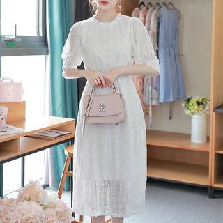 Puff-sleeve Crochet-trim Long Lace Dress