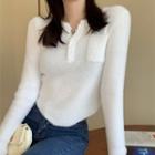 Asymmetrical Pocket-detail Long-sleeve Cropped Knit Top