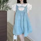 Short-sleeve Collared Ruffled Blouse / Mini A-line Overall Dress