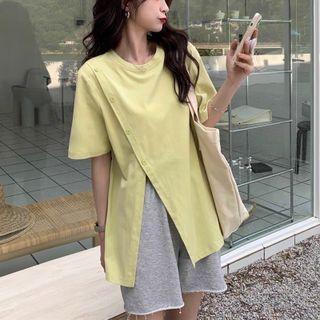 Elbow-sleeve Irregular Slit T-shirt