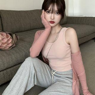 Plain Tank Top / Plain Cardigan / High-waist Plain Straight-cut Pants