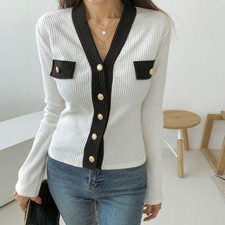 V-neck Ringer Rib-knit Cardigan