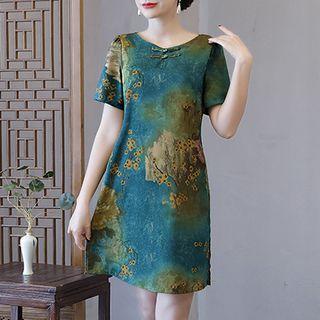 Short-sleeve Floral Print Mini Qiapo Dress