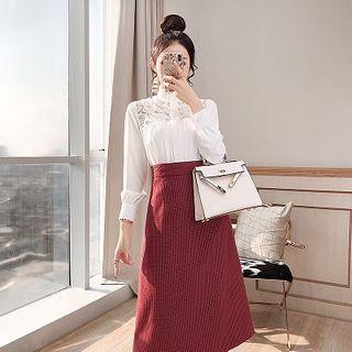 Set: Lace Trim Blouse + Plaid Midi A-line Skirt