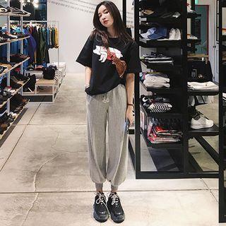 Set: Short-sleeve Pig Print T-shirt + Striped Harem Pants
