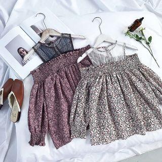 Mesh Panel Mock Two-piece Floral Print Long-sleeve Top