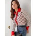Contrast-collar Puff-sleeve Patterned Blouse