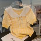 Short-sleeve Plaid Knit Top Plaid - White & Yellow - One Size