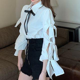 Set: Ribbon Cut-out Shirt + Ribbon Necklace Set - As Shown In Figure - One Size