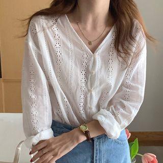 Long-sleeve V-neck Eyelet Blouse White - One Size