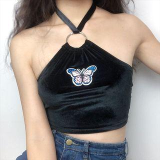 Butterfly Embroidered Velvet Cropped Halter Top