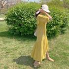 Sailor-collar Crinkled Long Dress Mustard Yellow - One Size