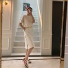 Lace-collar T-shirt & H-line Skirt Matching Set