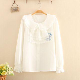 Round-collar Lace-detail Embroidered Long-sleeve Shirt White - One Size