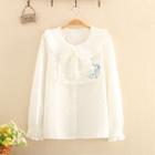 Round-collar Lace-detail Embroidered Long-sleeve Shirt White - One Size