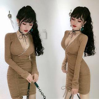 Plain V-neck Slim-fit Drawstring Ruched High-waist Long-sleeve Dress