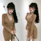 Plain V-neck Slim-fit Drawstring Ruched High-waist Long-sleeve Dress