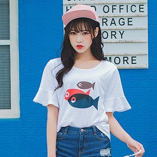 Printed Frill Sleeve T-shirt