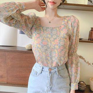 Long-sleeve Square-neck Floral Print Blouse