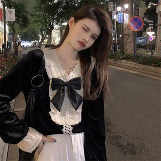 V-neck Lace Trim Velvet Blouse Black & White - One Size