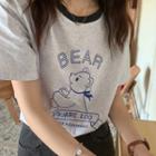 Short-sleeve Two-tone Bear Print T-shirt