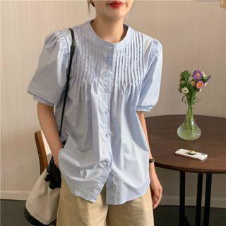 Puff-sleeve Round Neck Button-up Blouse