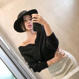 Scalloped Surplice-neck Fluffy Sweater