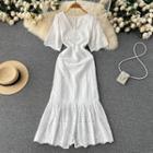 Short-sleeve V-neck Plain Lace Cutout Dress