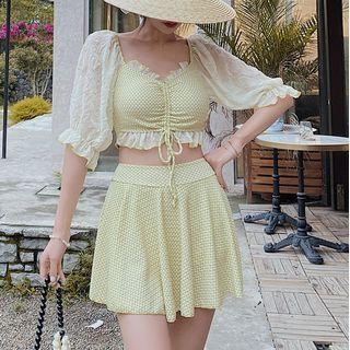 Set: Elbow-sleeve Drawstring Swim Top + Swim Skirt