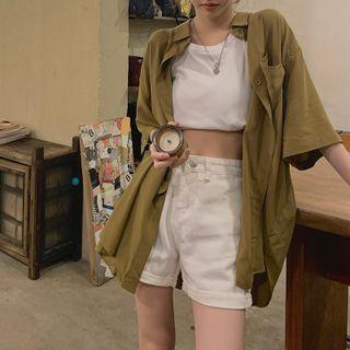 Elbow-sleeve Plain Shirt Mustard - One Size